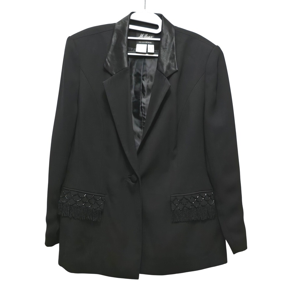 Milano Black Beaded Fringe Pocket Blazer Satin Lapel‎ Events Womens Sz 18 FLAW